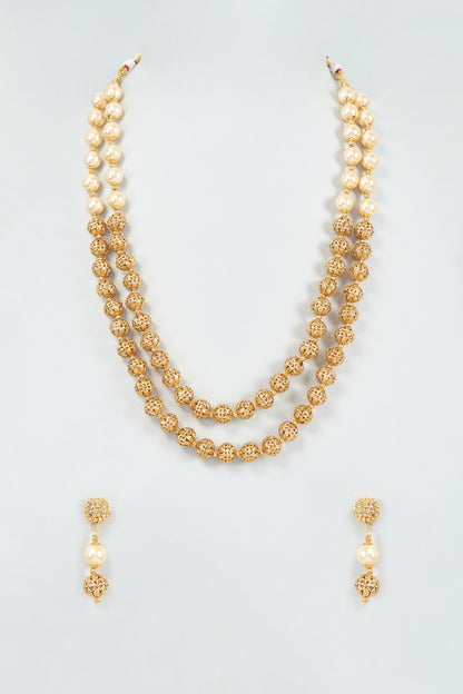Gold Finish Pearl & Kundan Polki Temple Mala Set