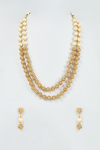 Gold Finish Pearl & Kundan Polki Temple Mala Set