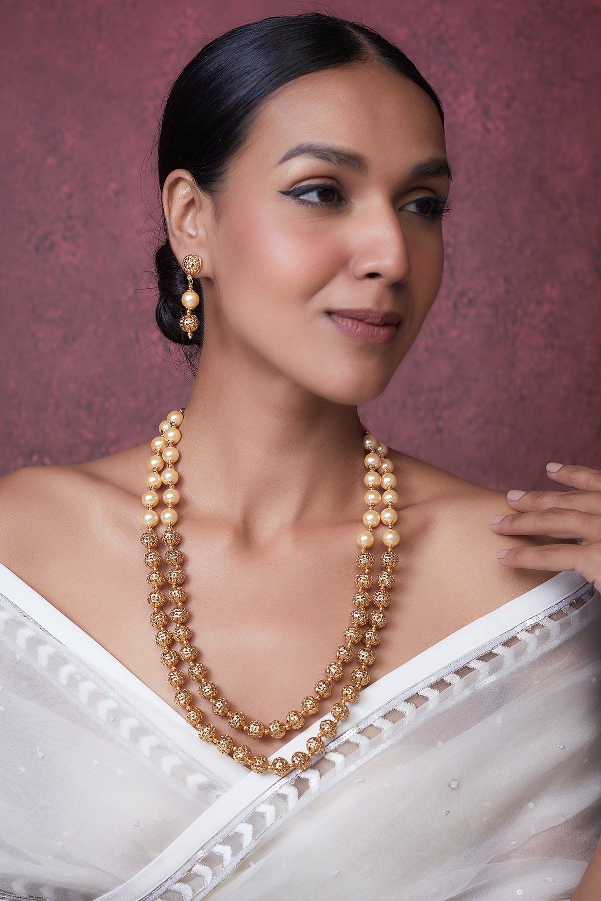 Gold Finish Pearl & Kundan Polki Temple Mala Set