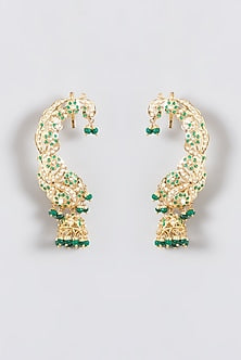 Gold Finish Kundan Polki & Emerald Jhumka Earrings