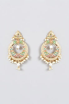 Gold Finish Kundan Polki & Multi-Colored Stone Chandbali Earrings