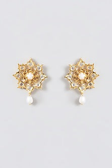 Gold Finish Kundan Polki & Pearl Stud Earrings