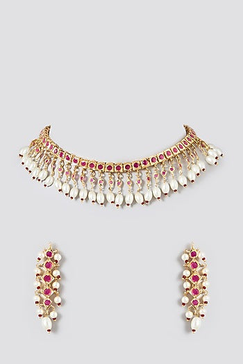 Gold Finish Ruby & Kundan Polki Necklace Set