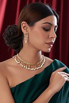 Gold Finish Ruby & Kundan Polki Necklace Set