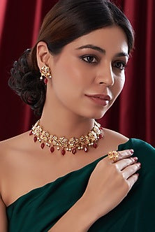 Gold Finish Ruby & Kundan Polki Choker Necklace Set