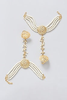 Gold Finish Pearl Haath Phool (Set Of 2)