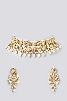 Gold Finish Kundan Polki & Pearls Choker Necklace Set