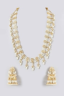 Gold Finish Kundan Polki & Pearls Long Necklace Set