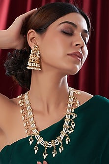 Gold Finish Kundan Polki & Pearls Long Necklace Set