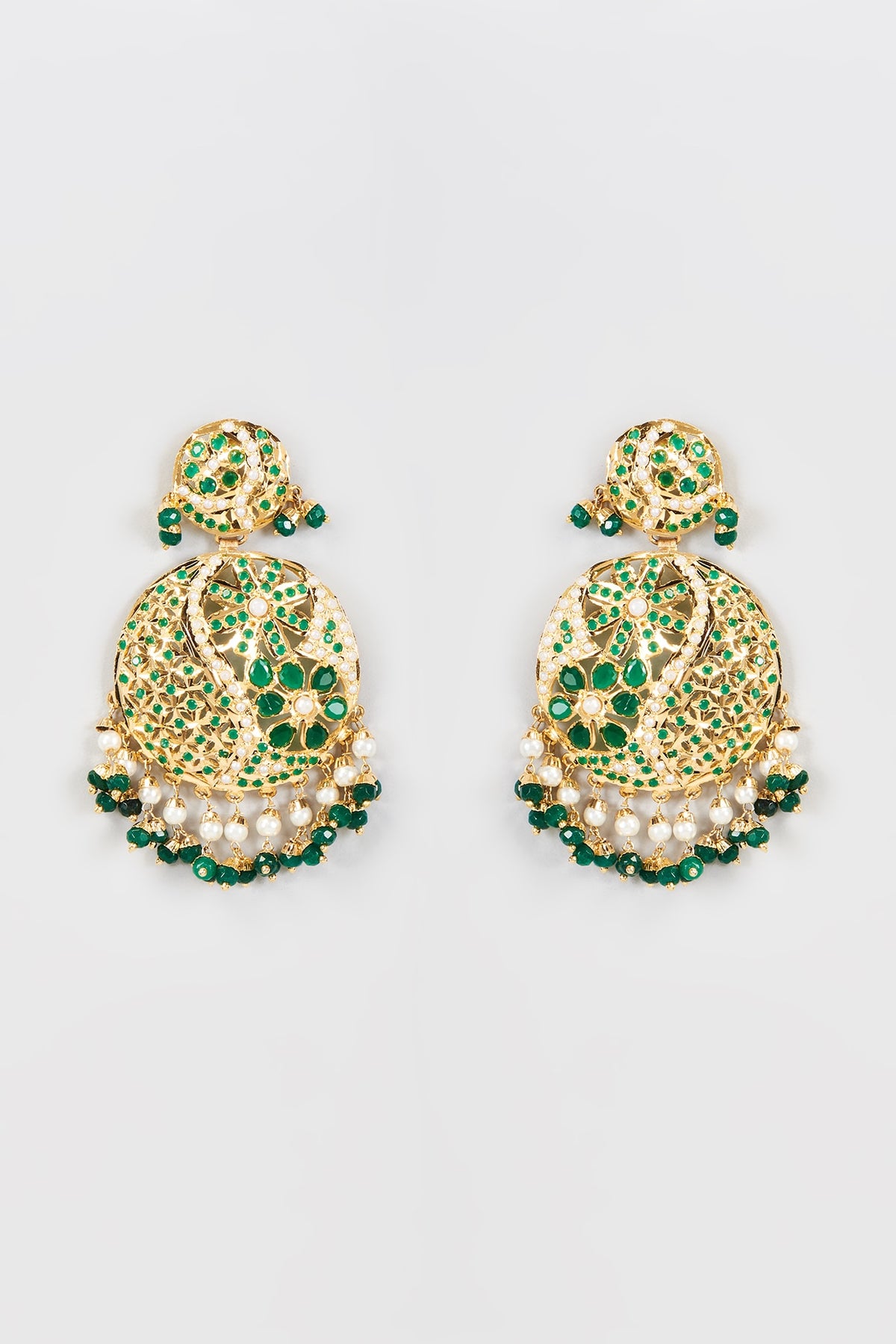 Gold Finish Kundan Polki & Green Beads Earrings