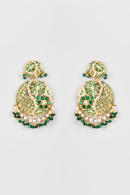 Gold Finish Kundan Polki & Green Beads Earrings