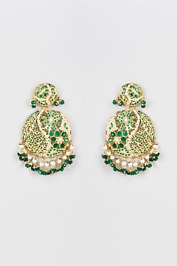 Gold Finish Kundan Polki & Green Beads Earrings