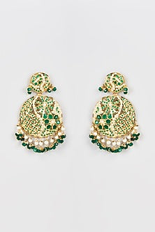 Gold Finish Kundan Polki & Green Beads Earrings