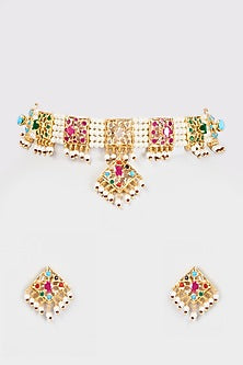 Gold Finish Kundan Polki & Multi-Colored Stone Choker Necklace Set