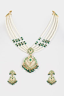 Gold Finish Kundan Polki & Emerald long Necklace Set