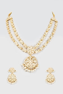 Gold Finish Kundan Polki & Pearl Long Necklace Set