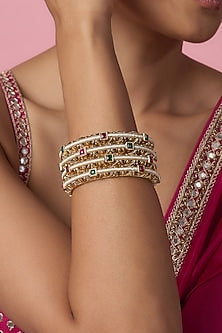Gold Finish Kundan Polki & Multi-Colored Stone Temple Bangles (Set Of 4)