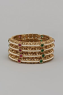 Gold Finish Kundan Polki & Multi-Colored Stone Temple Bangles (Set Of 4)