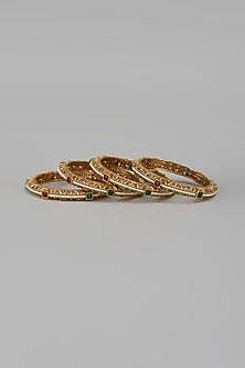 Gold Finish Kundan Polki & Multi-Colored Stone Temple Bangles (Set Of 4)