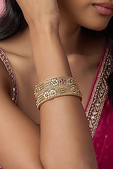 Gold Finish Kundan Polki & Multi-Colored Stone Temple Bangles (Set Of 2)