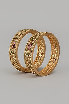 Gold Finish Kundan Polki & Multi-Colored Stone Temple Bangles (Set Of 2)