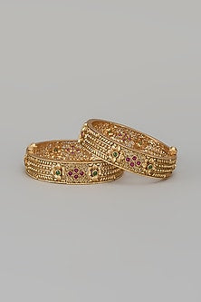 Gold Finish Kundan Polki & Multi-Colored Stone Temple Bangles (Set Of 2)