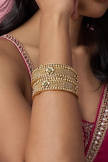 Gold Finish Kundan Polki & Multi-Colored Stone Temple Bangles (Set Of 2)