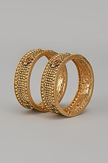 Gold Finish Kundan Polki & Multi-Colored Stone Temple Bangles (Set Of 2)