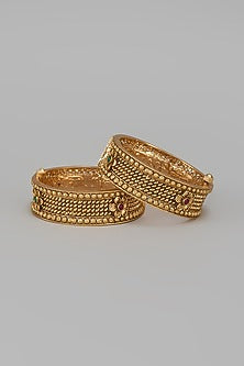 Gold Finish Kundan Polki & Multi-Colored Stone Temple Bangles (Set Of 2)