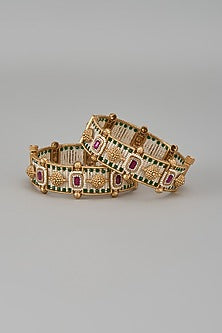 Gold Finish Kundan Polki & Multi-Colored Stone Temple Bangles (Set Of 2)