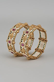 Gold Finish Kundan Polki & Multi-Colored Stone Temple Bangles (Set Of 2)