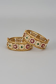 Gold Finish Kundan Polki & Multi-Colored Stone Temple Bangles (Set Of 2)