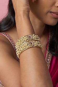 Gold Finish Pearl & Red Stone Temple Bangles (Set Of 2)