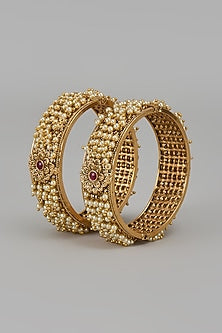 Gold Finish Pearl & Red Stone Temple Bangles (Set Of 2)