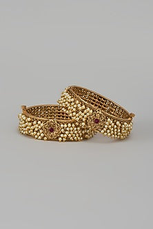 Gold Finish Pearl & Red Stone Temple Bangles (Set Of 2)