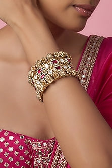 Gold Finish Kundan Polki & Red Stone Temple Bangles (Set Of 2)