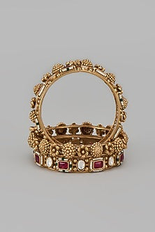 Gold Finish Kundan Polki & Red Stone Temple Bangles (Set Of 2)