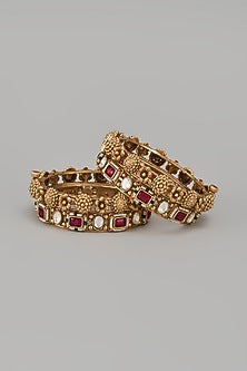 Gold Finish Kundan Polki & Red Stone Temple Bangles (Set Of 2)