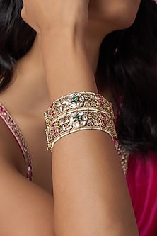 Gold Finish Kundan Polki & Multi-Colored Stone Temple Bangles (Set Of 2)