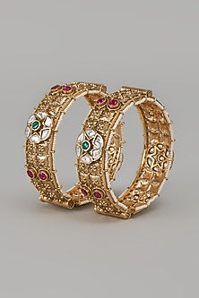 Gold Finish Kundan Polki & Multi-Colored Stone Temple Bangles (Set Of 2)