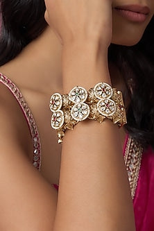 Gold Finish Kundan Polki & Multi-Colored Stone Temple Bangles (Set Of 2)