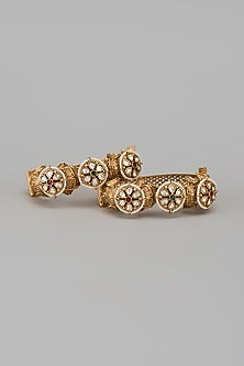 Gold Finish Kundan Polki & Multi-Colored Stone Temple Bangles (Set Of 2)