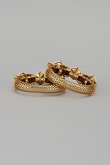 Gold Finish Kundan Polki & Multi-Colored Stone Temple Bangles (Set Of 2)
