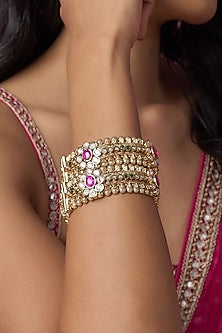 Gold Finish Kundan Polki & Red Stone Temple Bangles (Set Of 2)