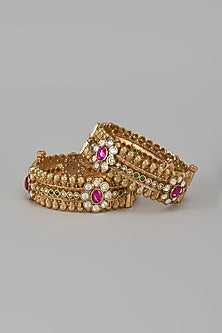 Gold Finish Kundan Polki & Red Stone Temple Bangles (Set Of 2)