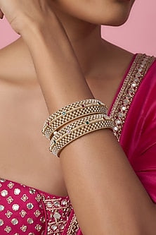 Gold Finish Kundan Polki & Multi-Colored Stone Temple Bangles (Set Of 2)