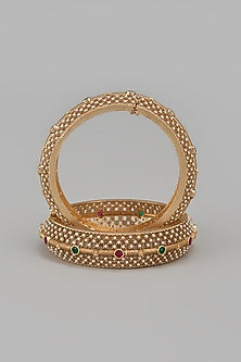 Gold Finish Kundan Polki & Multi-Colored Stone Temple Bangles (Set Of 2)