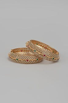 Gold Finish Kundan Polki & Multi-Colored Stone Temple Bangles (Set Of 2)