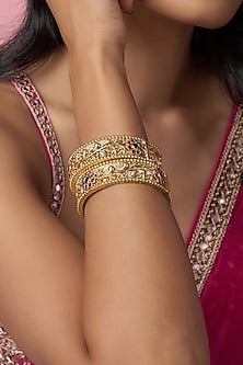 Gold Finish Kundan Polki & Multi-Colored Stone Temple Bangles (Set Of 2)