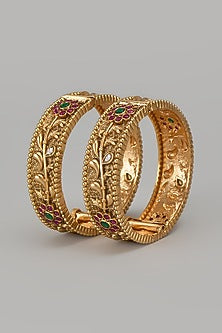 Gold Finish Kundan Polki & Multi-Colored Stone Temple Bangles (Set Of 2)
